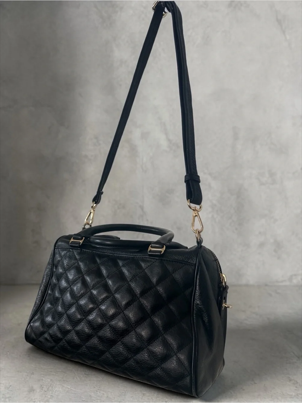 Rebecca Minkoff Quilted Leather Satchel Crossbody Black Gold Hardware Handle Bag
